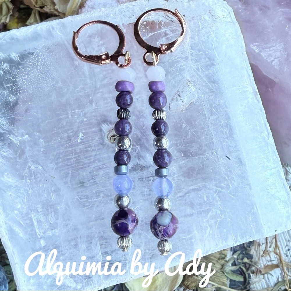 X_ LONG Amethyst and jade turquoise Silver Beaded Earrings